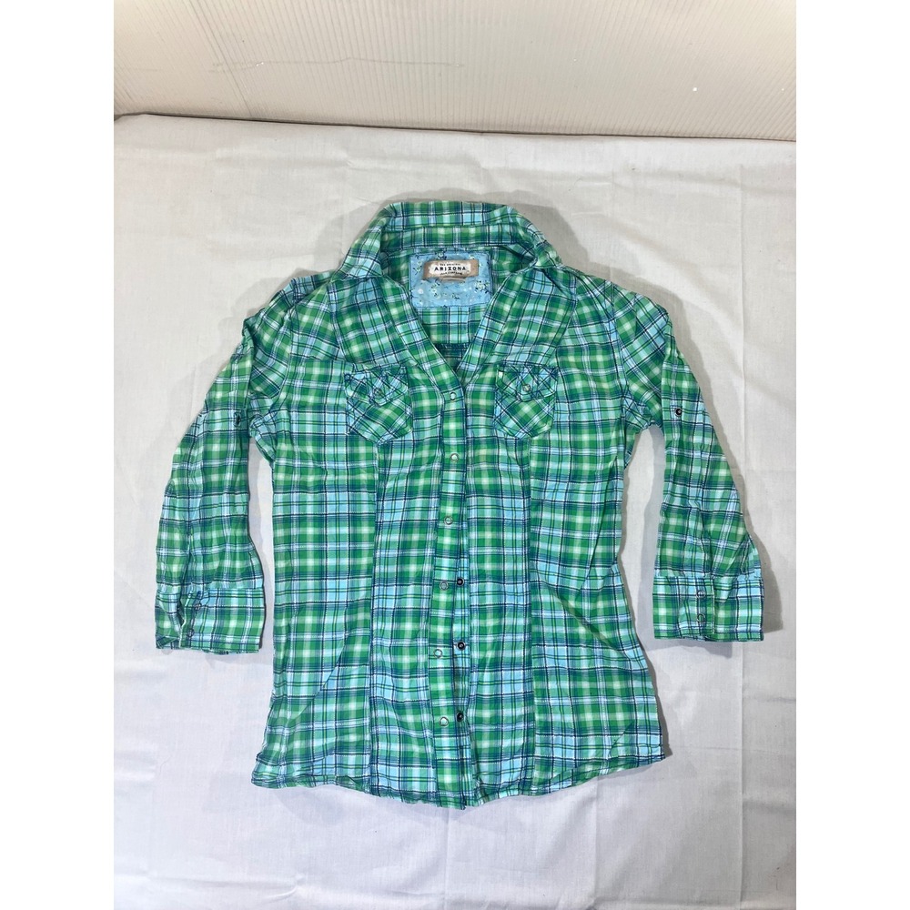 Arizona Jean Company Womens Plaid Snap Button Down Roll Tab Sleeve Shirt Small